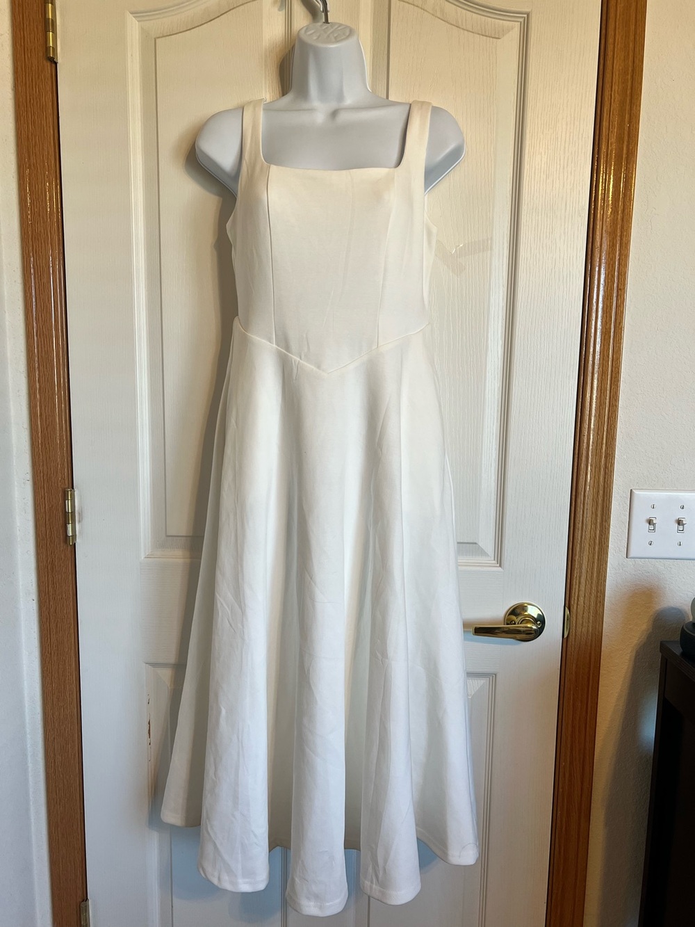 Square Neck White Midi Dress with Flared Skirt